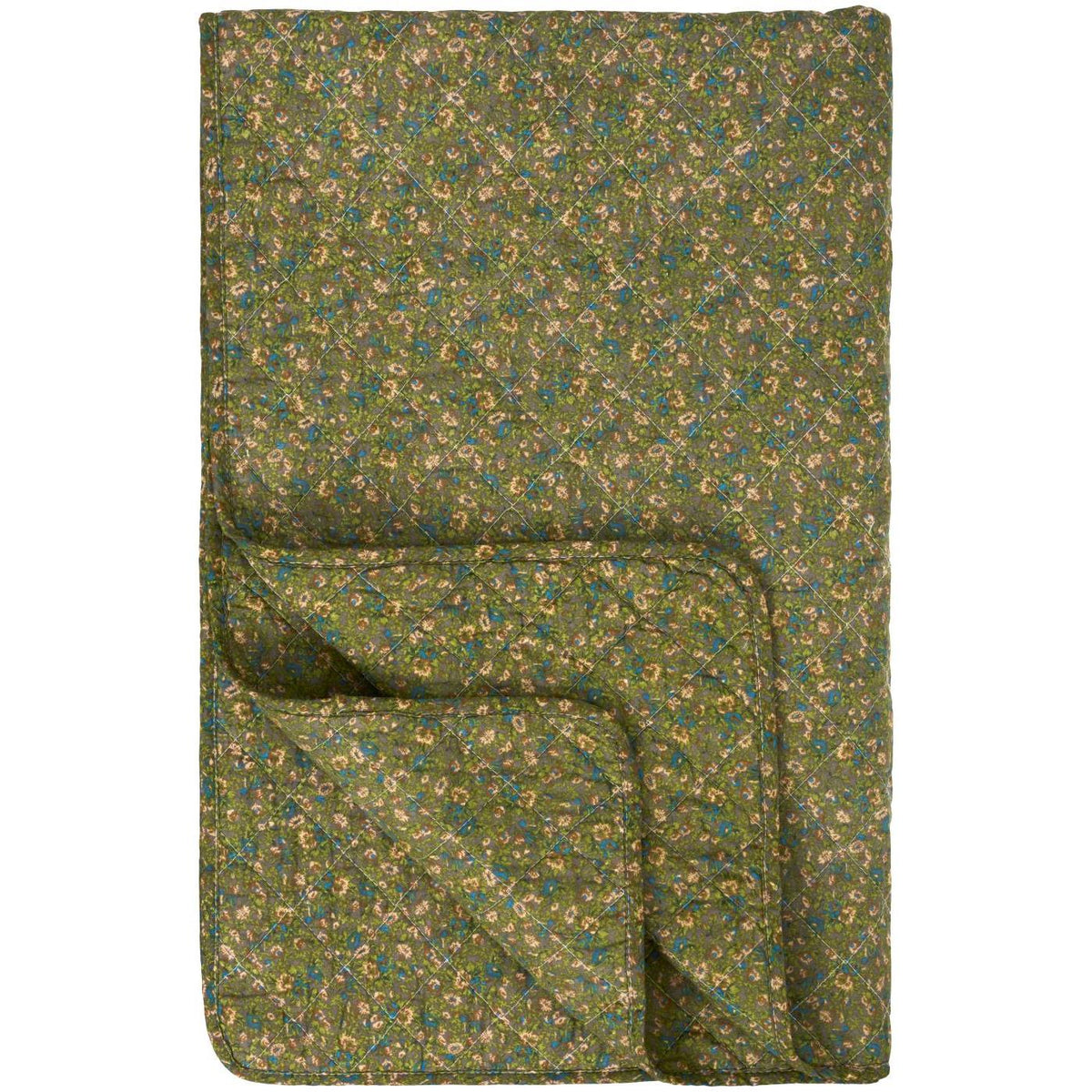 Blomstret quilt fra Ib Laursen med grågrønn bunn og små blomster i rosa, blå og grønne nyanser