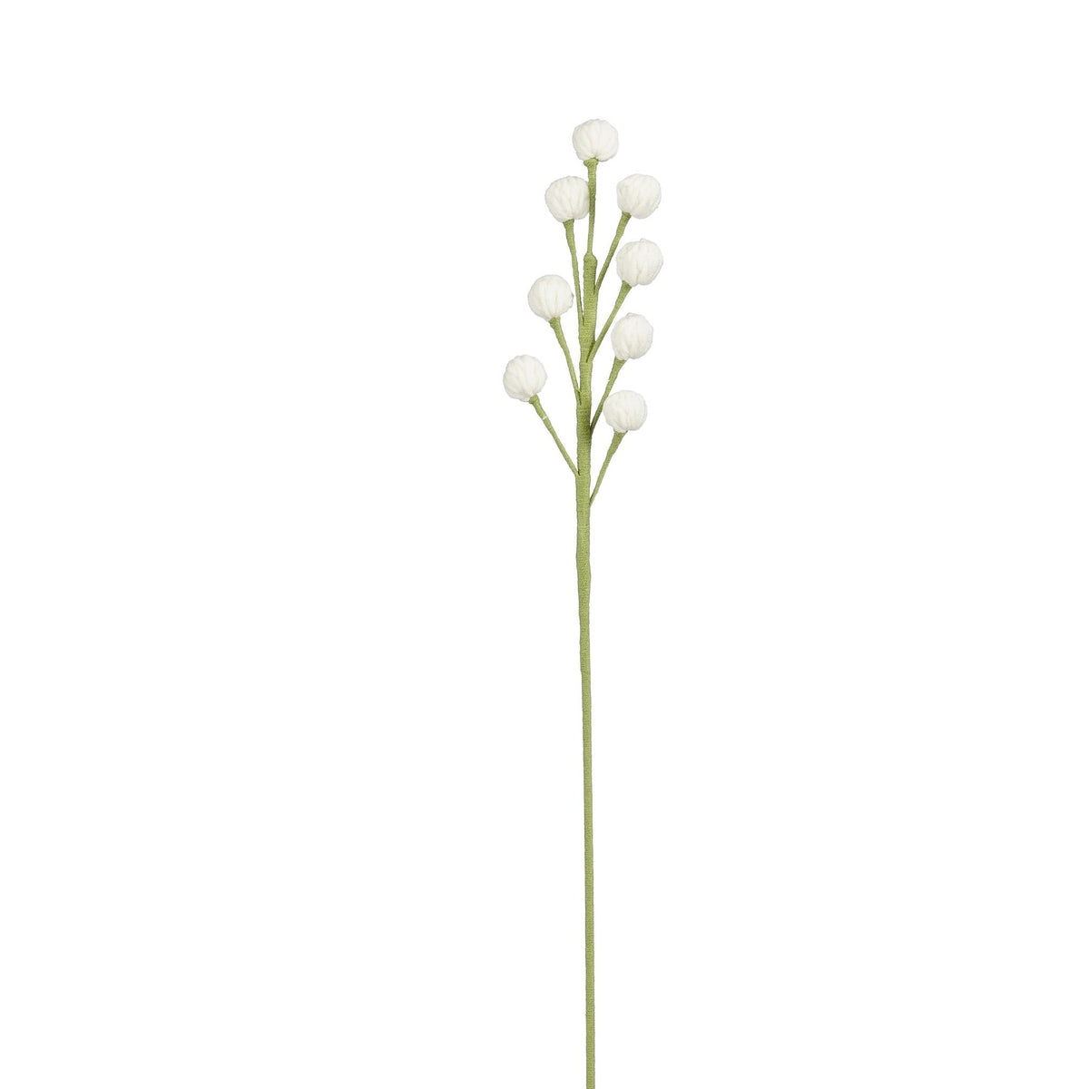 Hvit heklet blomsterstilk med små runde blomsterhoder og grønn stilk