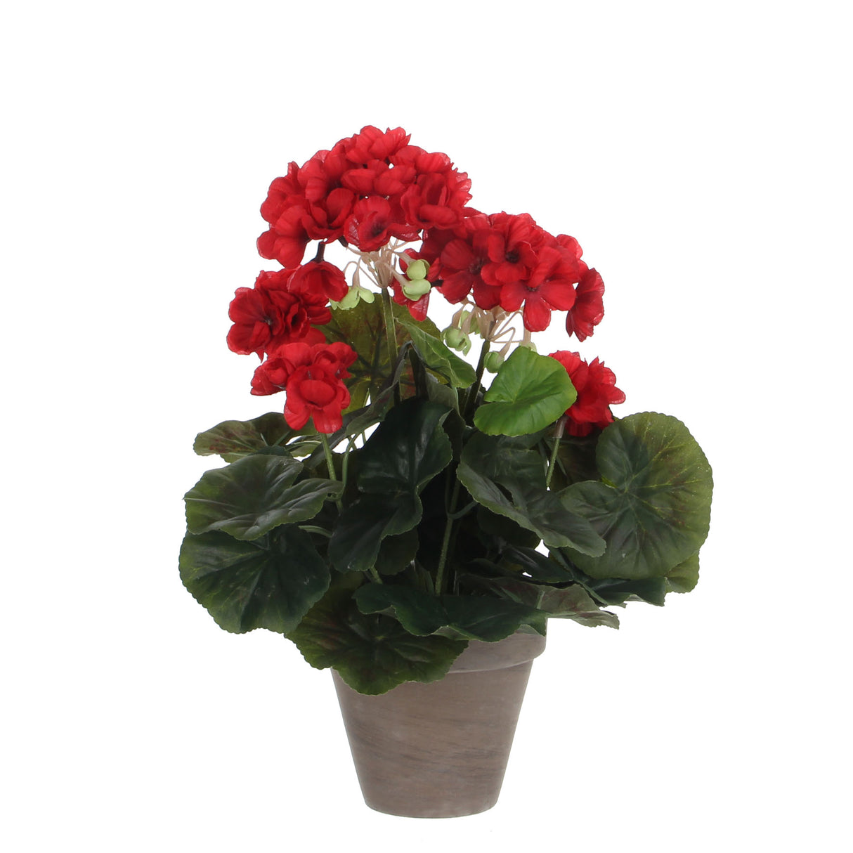 Kunstig pelargonie med røde blomster i grå lerkrukke fra Mica