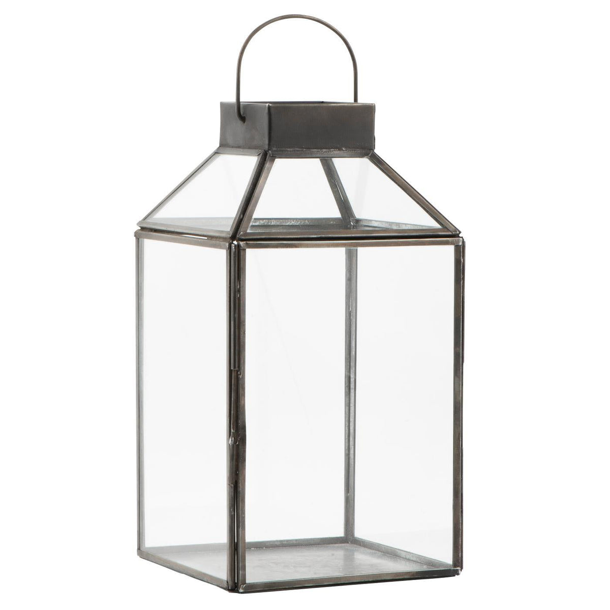 Norr lanterne fra Ib Laursen i mørkegrått metall med klare glassflater, skrå glasstopp og hank