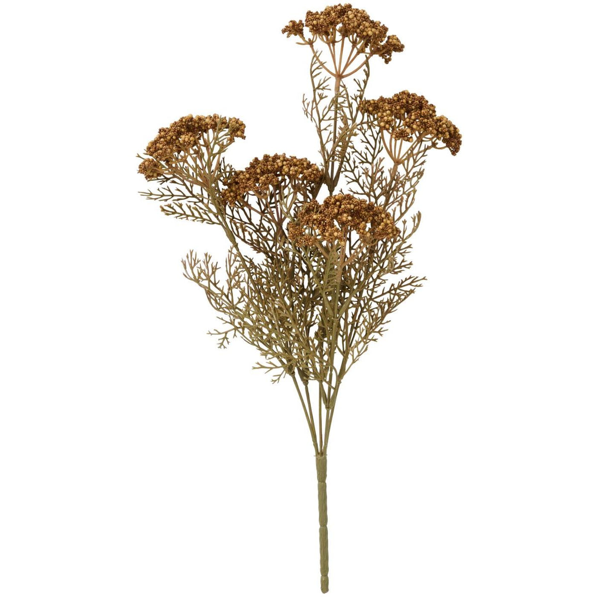 Kunstig blomsterstilk fra Ib Laursen med fem brune skjermblomster, fine forgreninger og naturfarget løv.