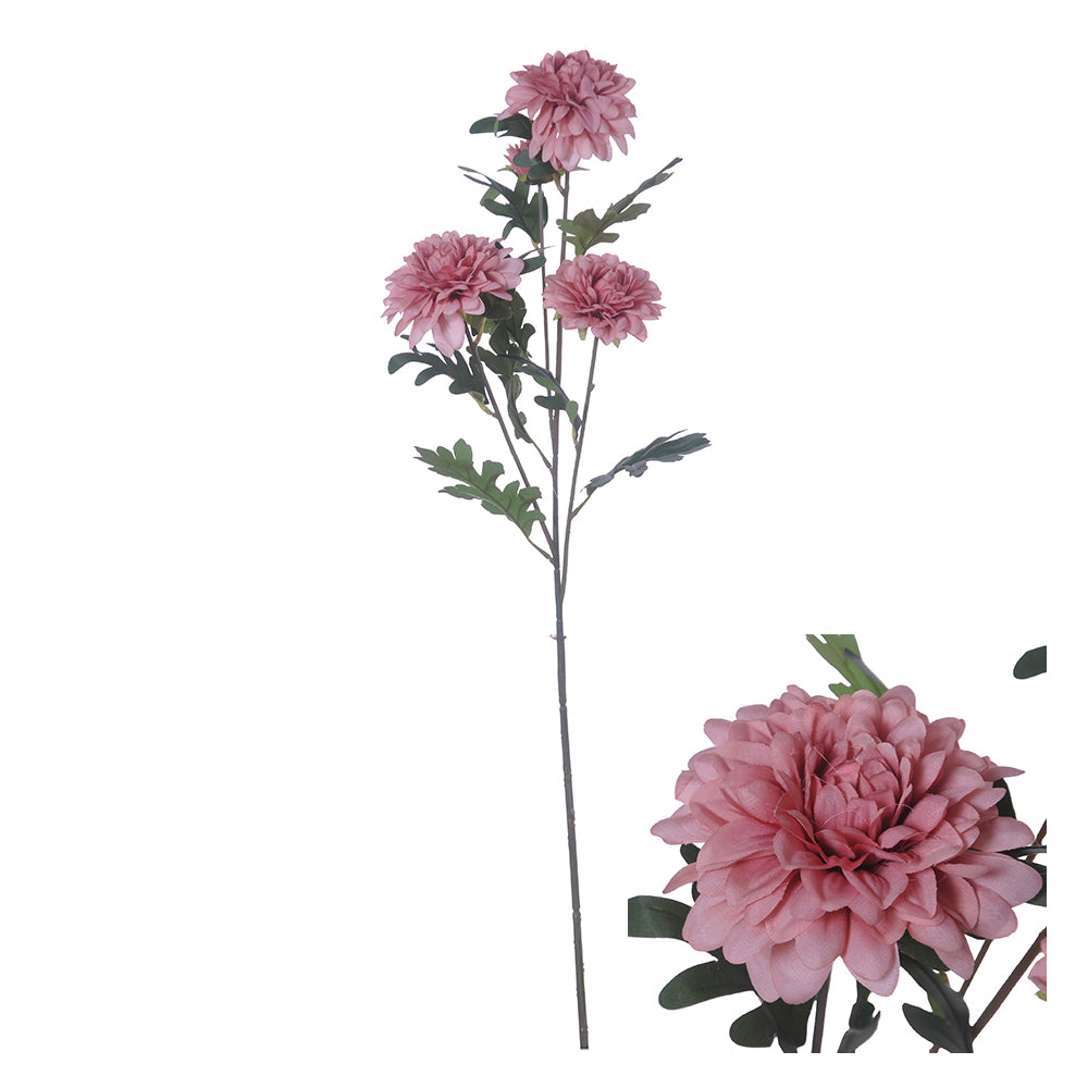 Kunstig krysantemum i støvete rosa med flere fyldige blomsterhoder og grønne blader på lang stilk