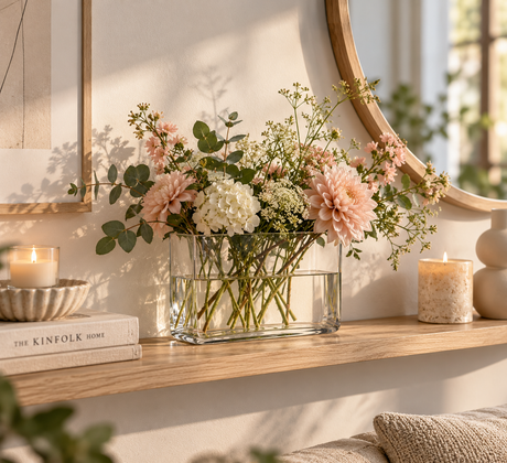 Firkantet glassvase med blomster på en hylle i lyst interiør