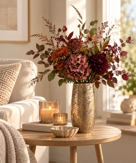 Gullfarget Clemente vase med blomsterbukett stående på et sidebord i stuen