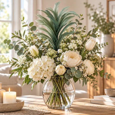 Glassvase med stor blomsterbukett med fjærdusk i midten på sofabordet med tente blokklys