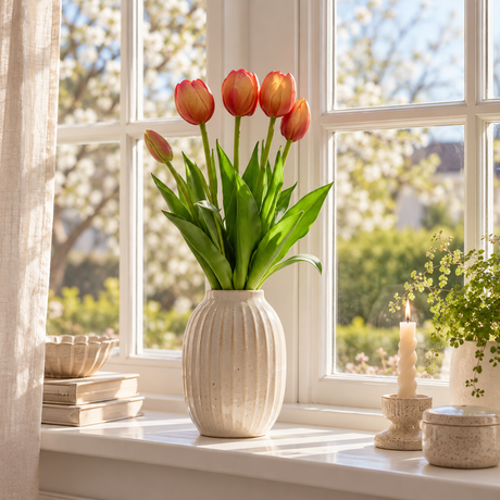 Vase med kunstige oransje tulipaner på vinduskarmen