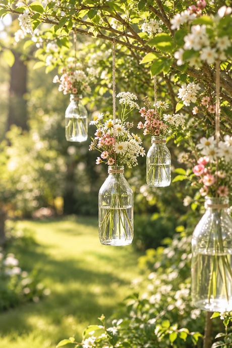 Hengende flaskevaser med wire fra Ib Laursen i en busk i hagen med blomster i
