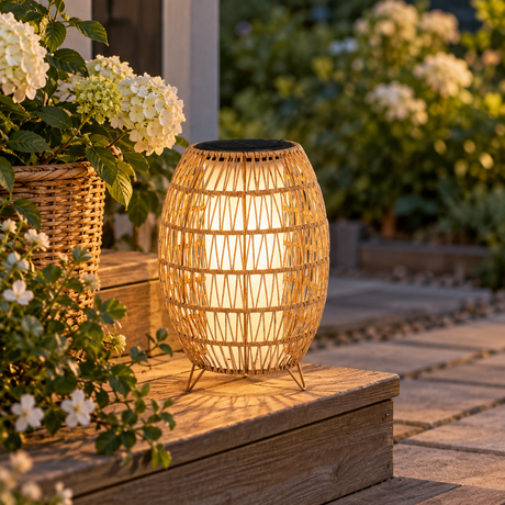 Solcelledrevet lampe som står på en tretrapp i hagen sammen med hvite blomster