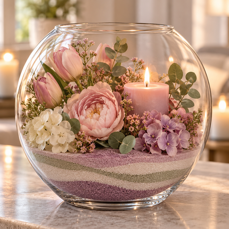 Glassbolle med lagvis dekorasjonssand fra Mica, pyntet med blomster og lys
