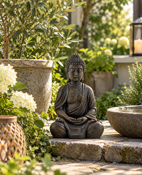 Buddhafigur på trapp i hagen ved siden av hagekrukker og lanterner