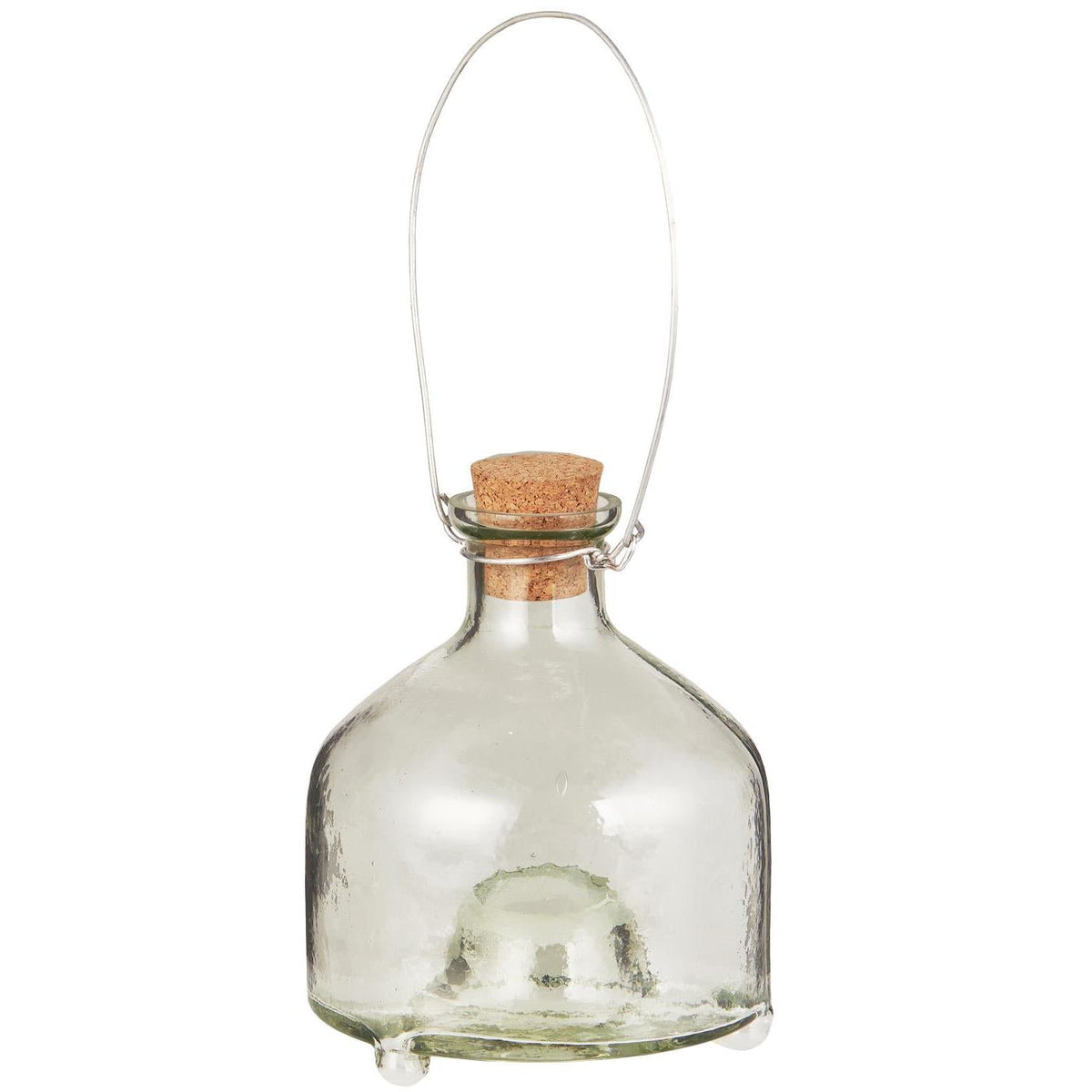Vepsfanger fra Ib Laursen i klart glass med korkpropp og metallbøyle til oppheng i hagen.