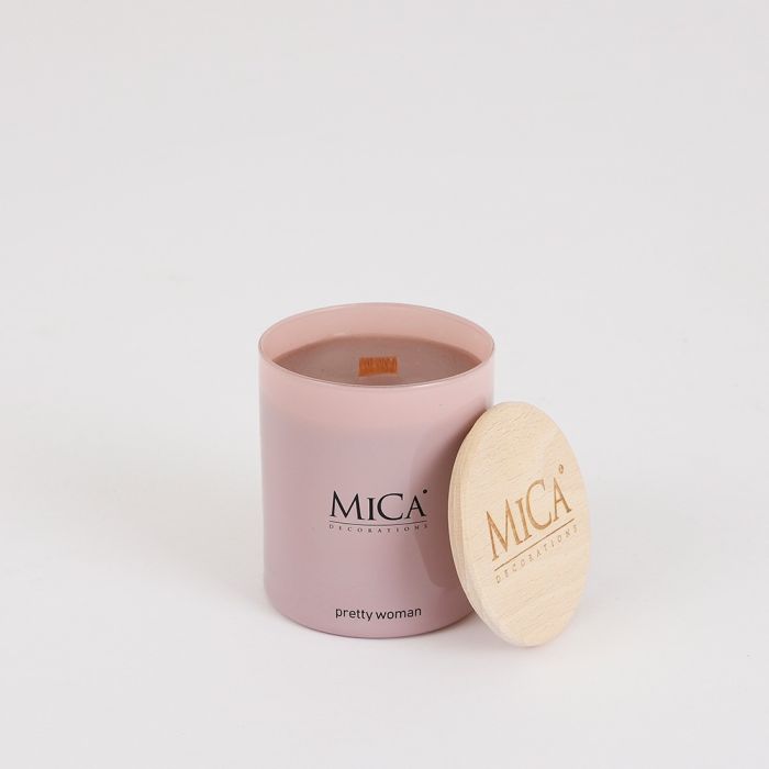 Mica duftlys pretty woman i lyserødt glas med trælåg