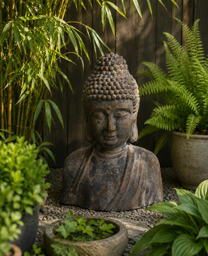 Havehjørne med buddha i grå magnesium