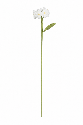 Hvit heklet stilk av floks med små hvite blomster og grønt blad