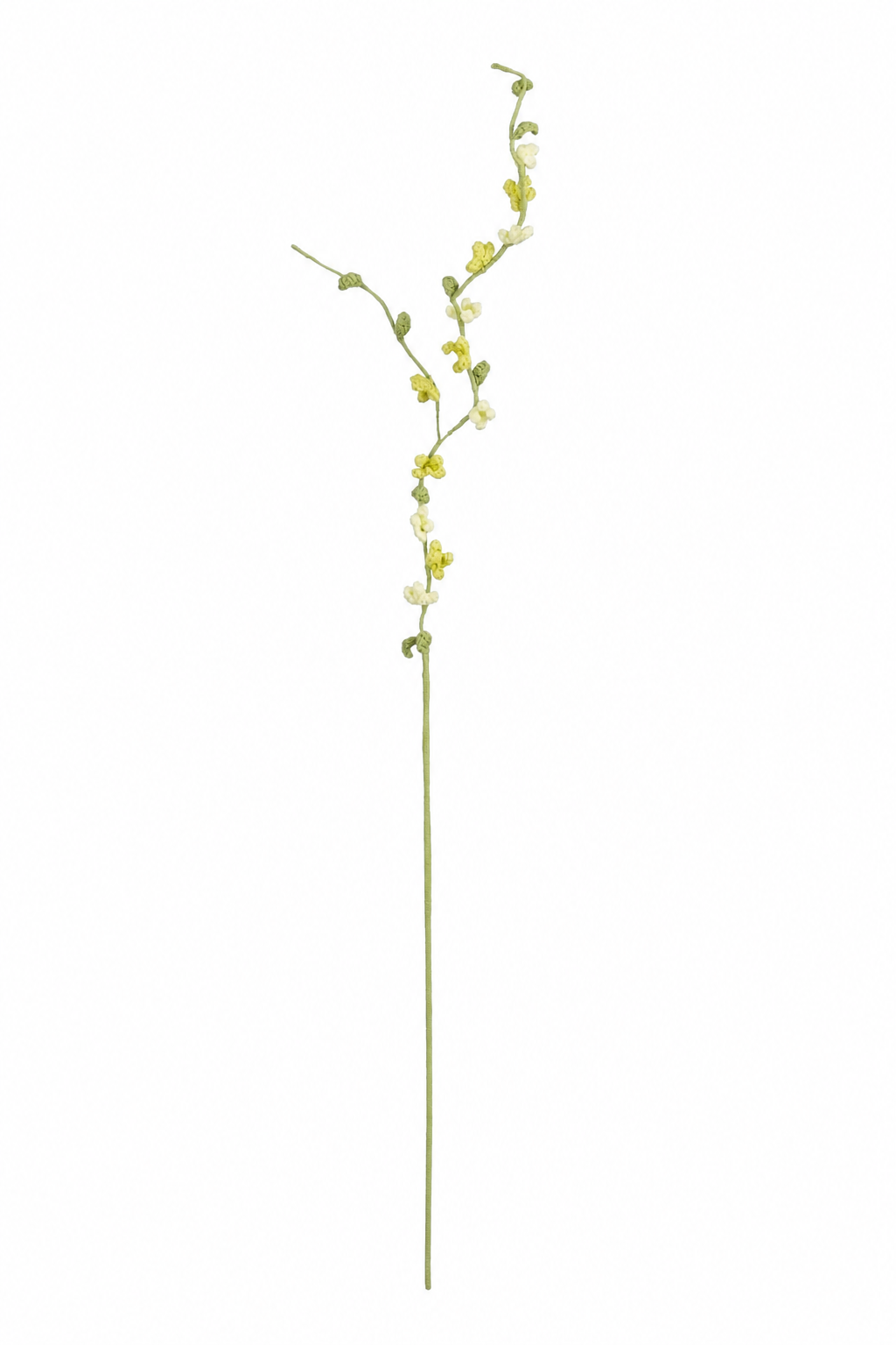 Gul heklet blomstergren med fine små blomster og grønne knopper på slanke forgreninger
