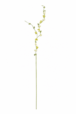 Gul heklet blomstergren med fine små blomster og grønne knopper på slanke forgreninger