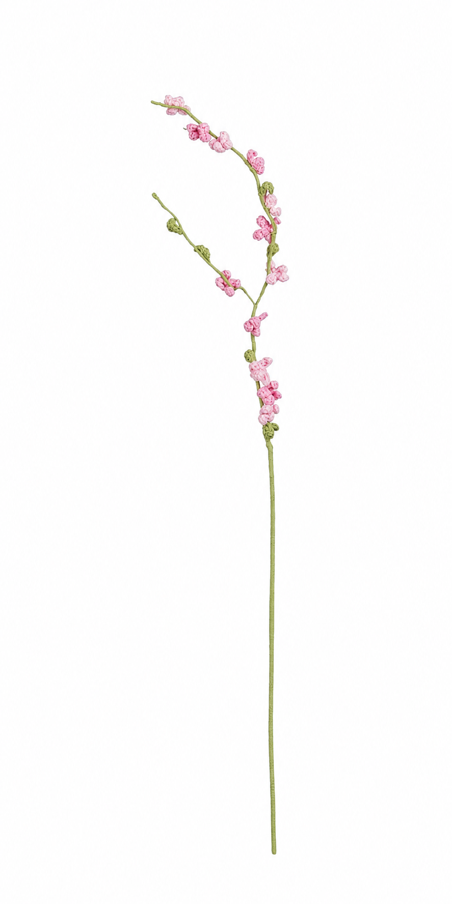 Mørk rosa heklet blomstergren med fine blomster og grønne knopper til vårdekorasjoner