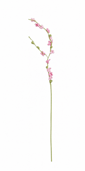 Mørk rosa heklet blomstergren med fine blomster og grønne knopper til vårdekorasjoner