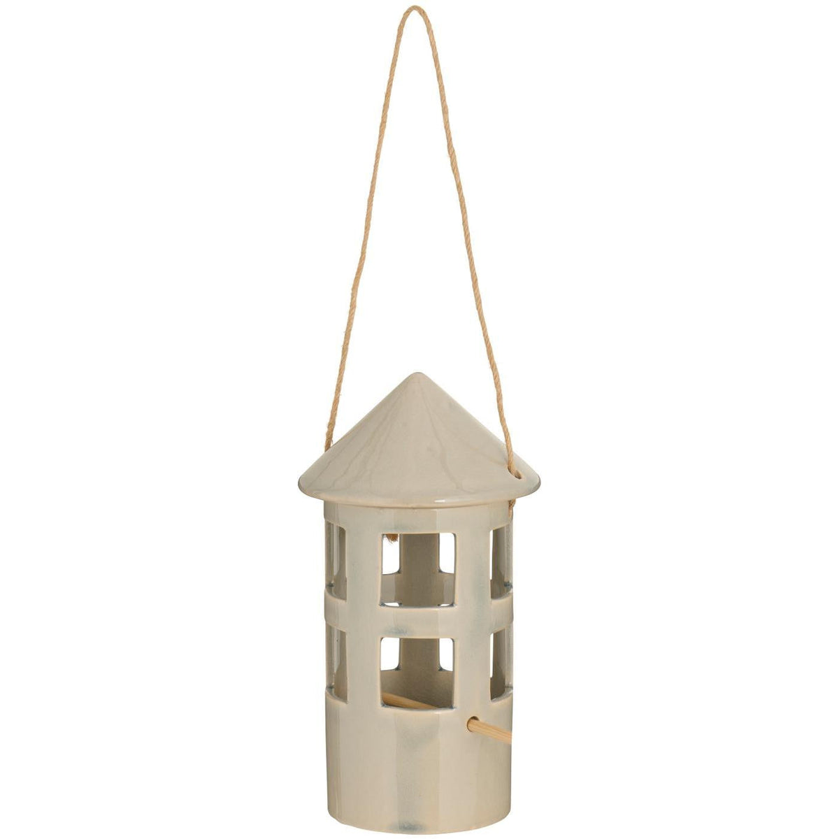 Rundt fuglemater i lattefarget keramikk fra Ib Laursen med kjegleformet tak, sittepinne og jutesnor