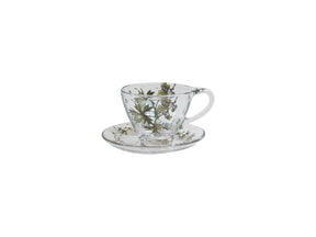 Glasskopp med hank og matchende underkopp fra Speedtsberg i klart glass med grønt blomstermotiv.