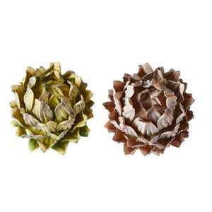 Kunstige protea blomsterhoveder i grønne og brune nuancer