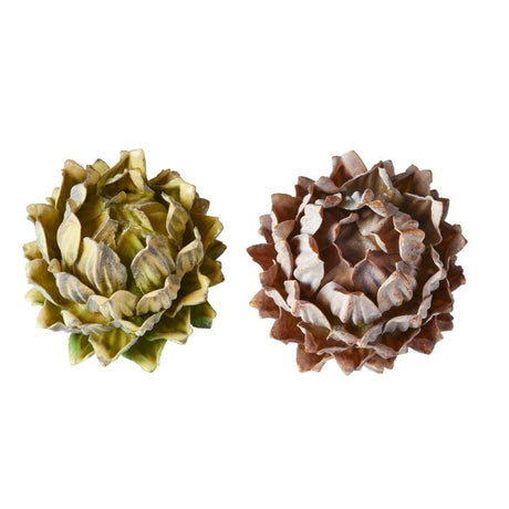Kunstige protea blomsterhoveder i grønne og brune nuancer