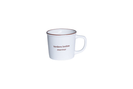 Porselenskopp fra Speedtsberg med teksten Verdens beste mormor i enkelt hvitt design.