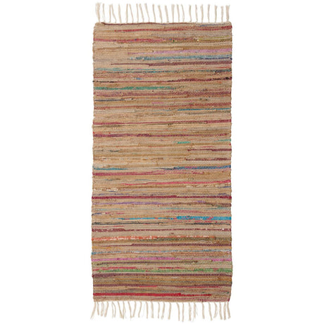 Brun multifarget klutløper fra Ib Laursen i 100 % bomull med vevde, fargerike striper og lyse frynser, 60 x 120 cm.