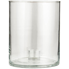 Lav og bred glasslysestake fra Ib Laursen med klart sylinderformet glass og fast holder til kronelys