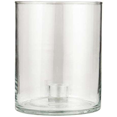 Lav og bred glasslysestake fra Ib Laursen med klart sylinderformet glass og fast holder til kronelys