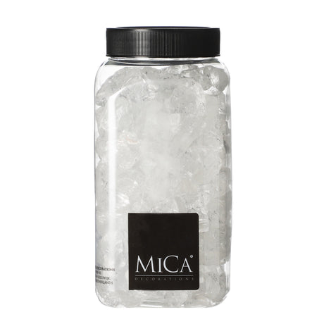 Store gjennomsiktige glassstein fra Mica Decorations i beholder med svart lokk til dekorasjon og julelandskap