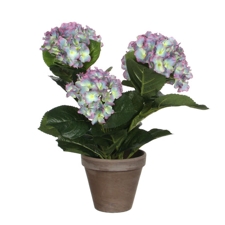 Kunstig hortesia med blålilla blomster i grå lerpotte fra Mica