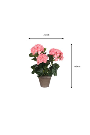 Tegning med målangivelser på en kunstig hortensia med lyserøde blomster