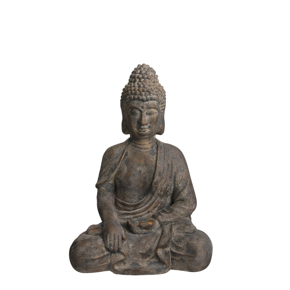 Stor sittende Buddhafigur i grå steinlook med fine detaljer til hagen, terrassen og innendørs dekorasjon