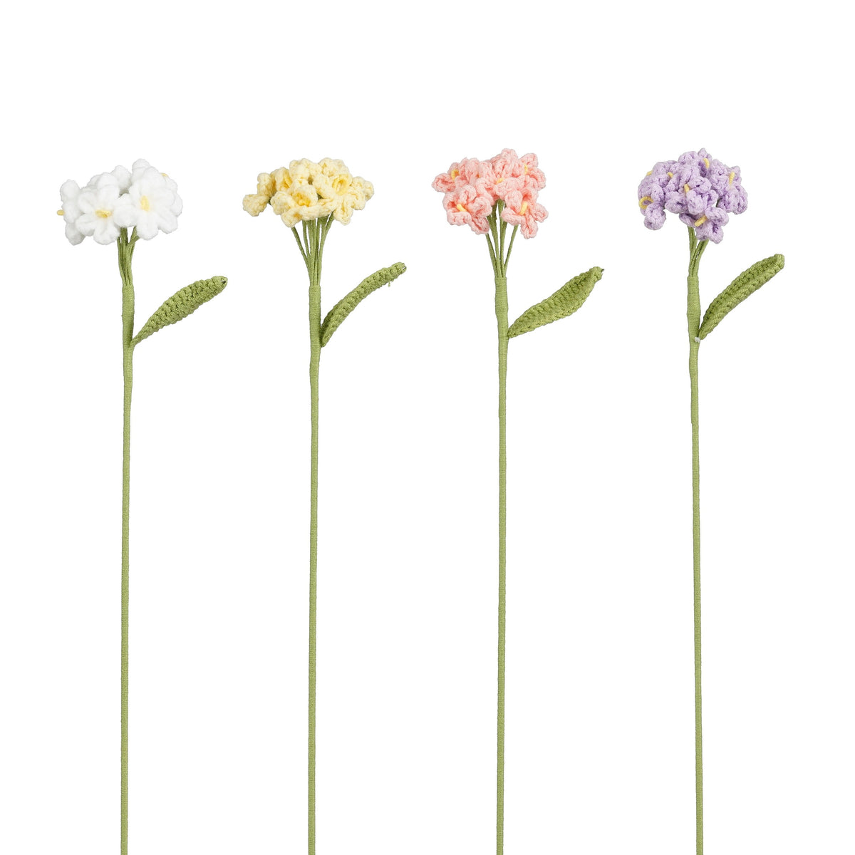 Heklete floksblomster i hvit, gul, lyserosa og lilla med små blomsterklaser og grønne blader