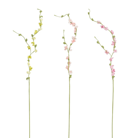 Heklete blomstergrener med små blomster i gul, lys rosa og mørk rosa og grønne knopper