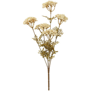 Kunstig blomsterstilk fra Ib Laursen med fem hvite skjermblomster og fine grønnbrune blader.