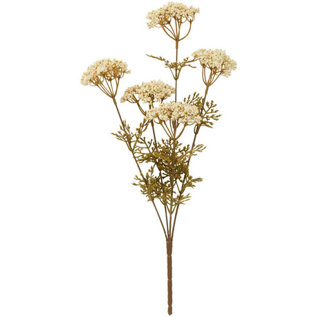 Kunstig blomsterstilk fra Ib Laursen med fem hvite skjermblomster og fine grønnbrune blader.