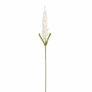 Heklet hvit lavendelblomst med to grønne blader og lang stilk, 48 cm