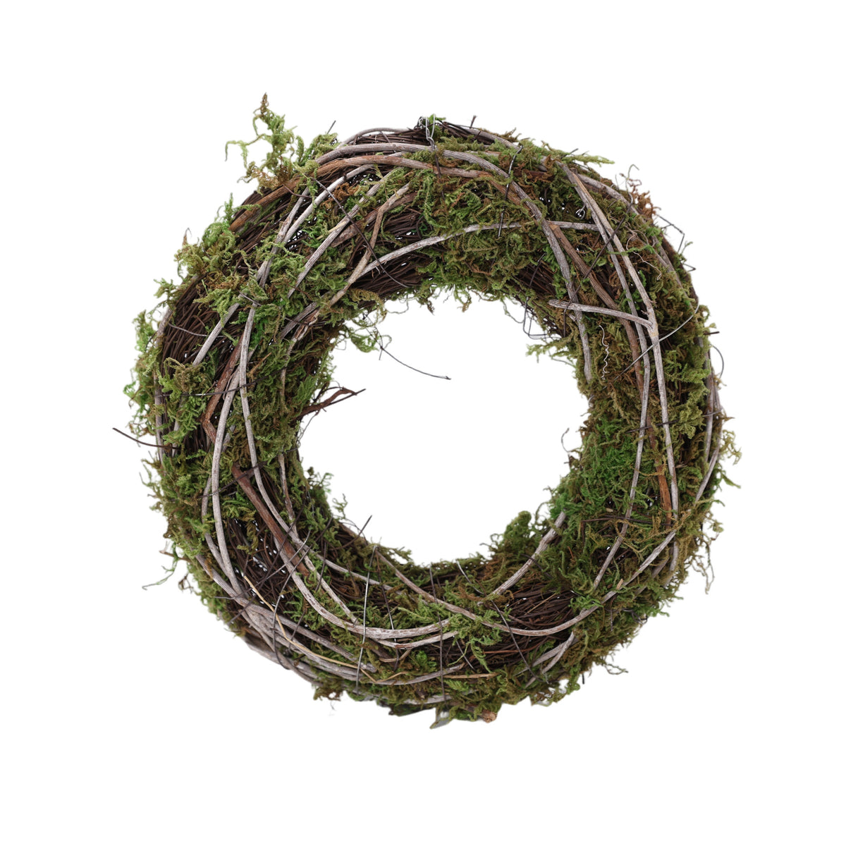 Rustikk naturkrans med vridde greiner, rattan, gress og grønn mose til påskekrans, høstkrans og julekrans