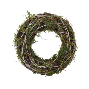 Rustikk naturkrans med vridde greiner, rattan, gress og grønn mose til påskekrans, høstkrans og julekrans